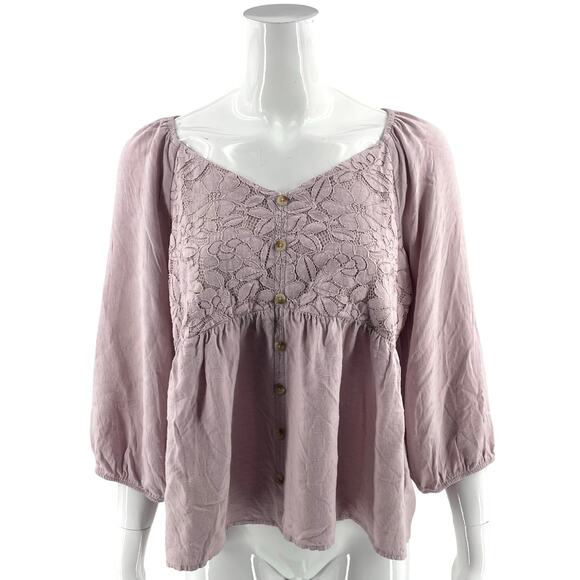 Maurices Top Plus Size 1X Dusty Pink Lace Peplum Boho Blouse Balloon Sleeve - Picture 2 of 6